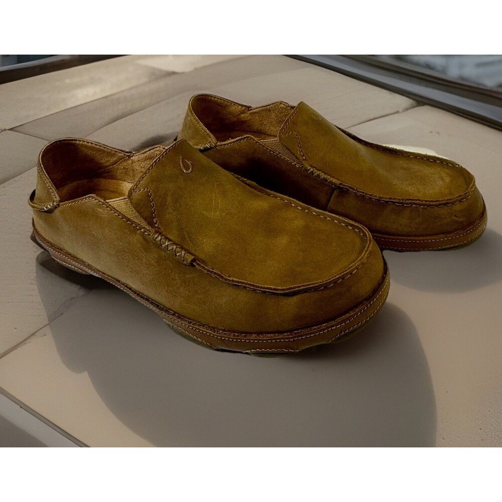 OluKai Moloa Leather Slip On Shoes Mens 10 Dark Wood Java 10128 2733 Loafer